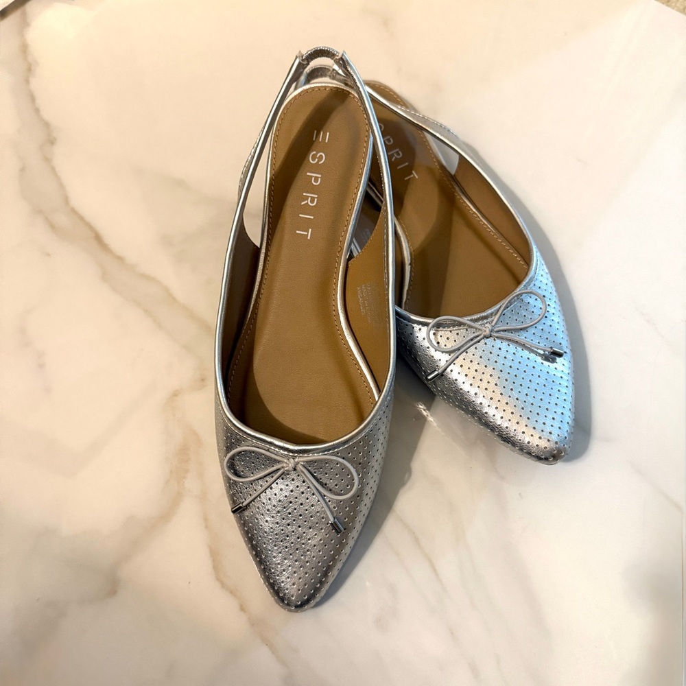 Esprit Metallic Silver Flats with Bow Detail
